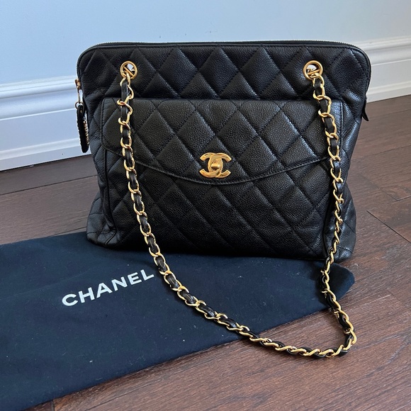 CHANEL Vintage Front Pocket Caviar Leather Tote Bag Black